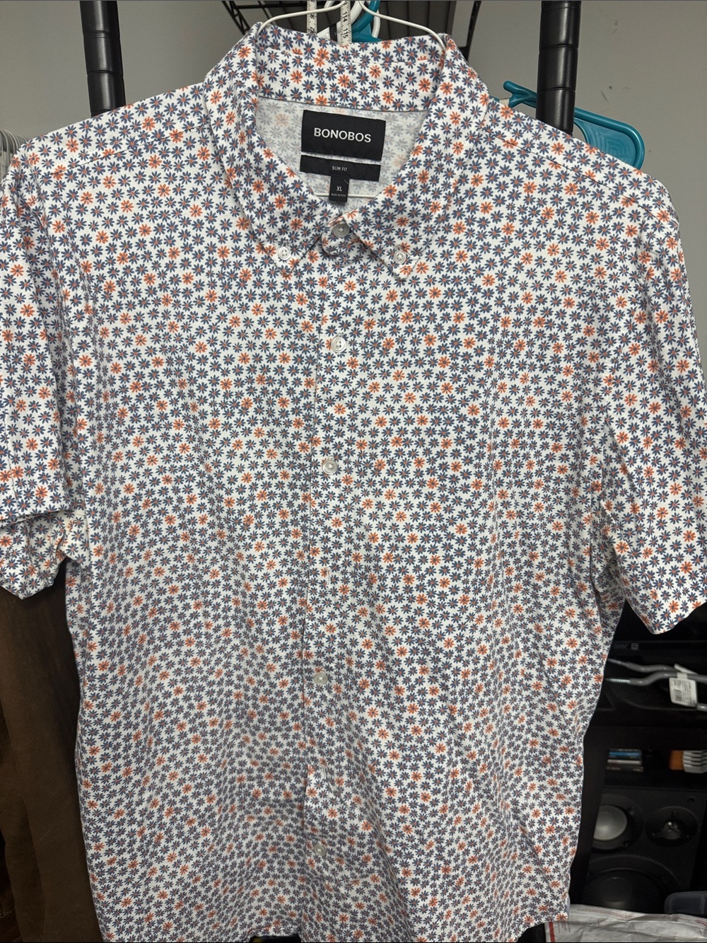 Bonobos White Short-Sleeve Button-Down Shirt with Blue and Orange Floral Print